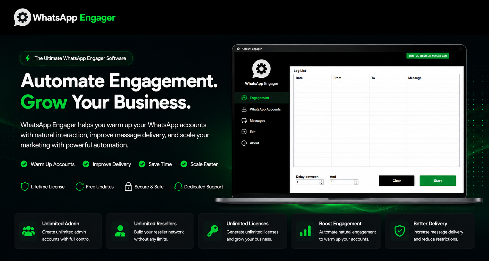 WhatsApp Engager software dashboard for automated WhatsApp account engagement and business communication